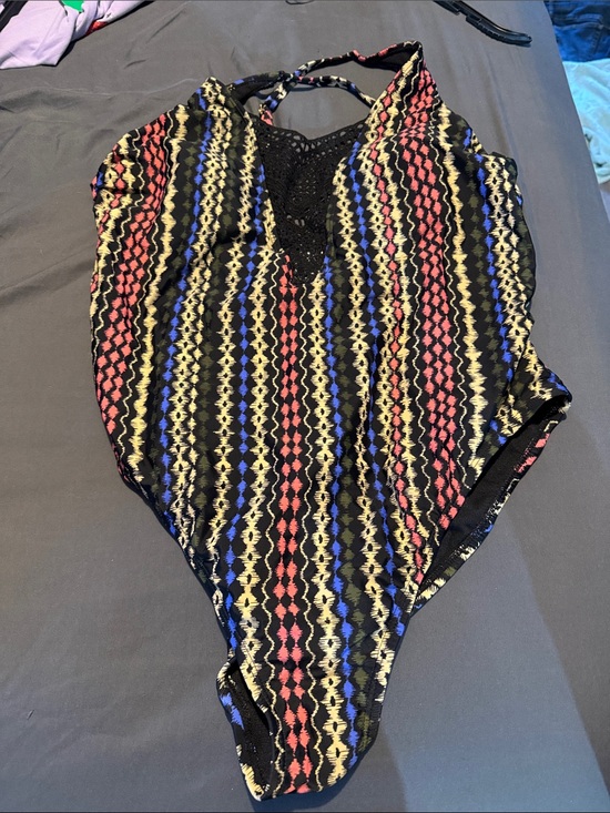 Time and Tru Other - Time and Tru Black Swimsuit with Pink, Blue & Cream Accent Stripes